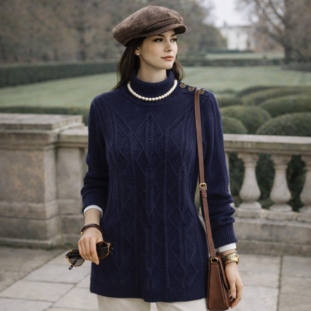 Woolovers Medium Blue‎ Crochet Cable Knit 100% Pure Wool Fisherman Sweater Dress